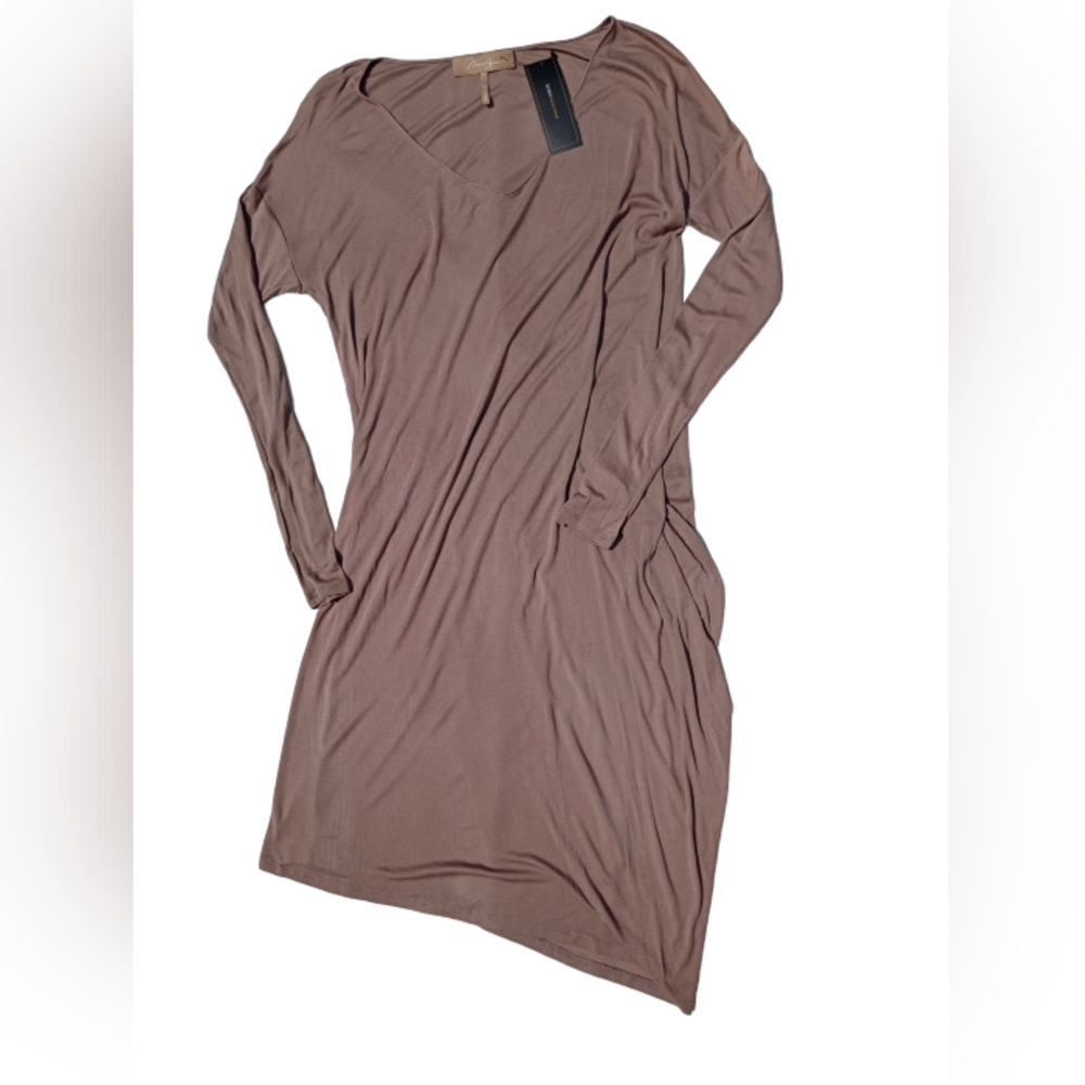NWT BCBG MaxAzria Mocha Asymmetrical Long Sleeve Midi Dress Sample